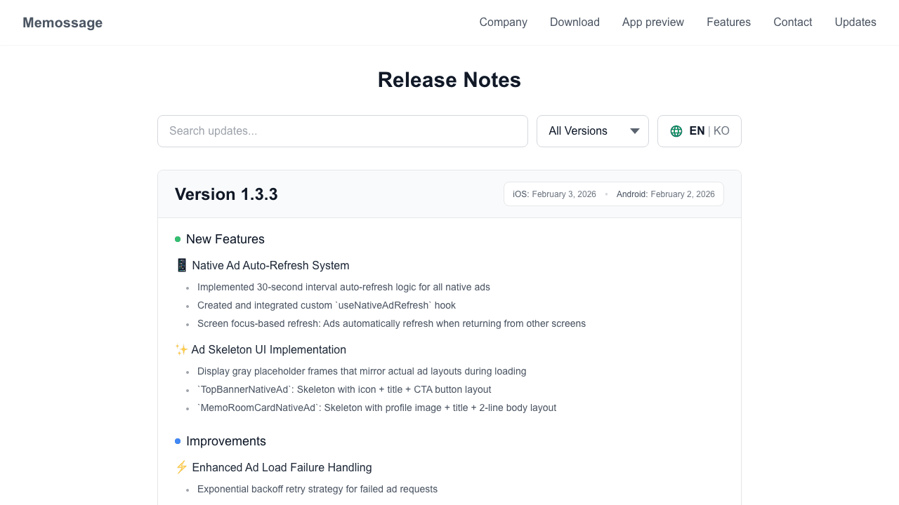 Memossage release notes showing version history and updates