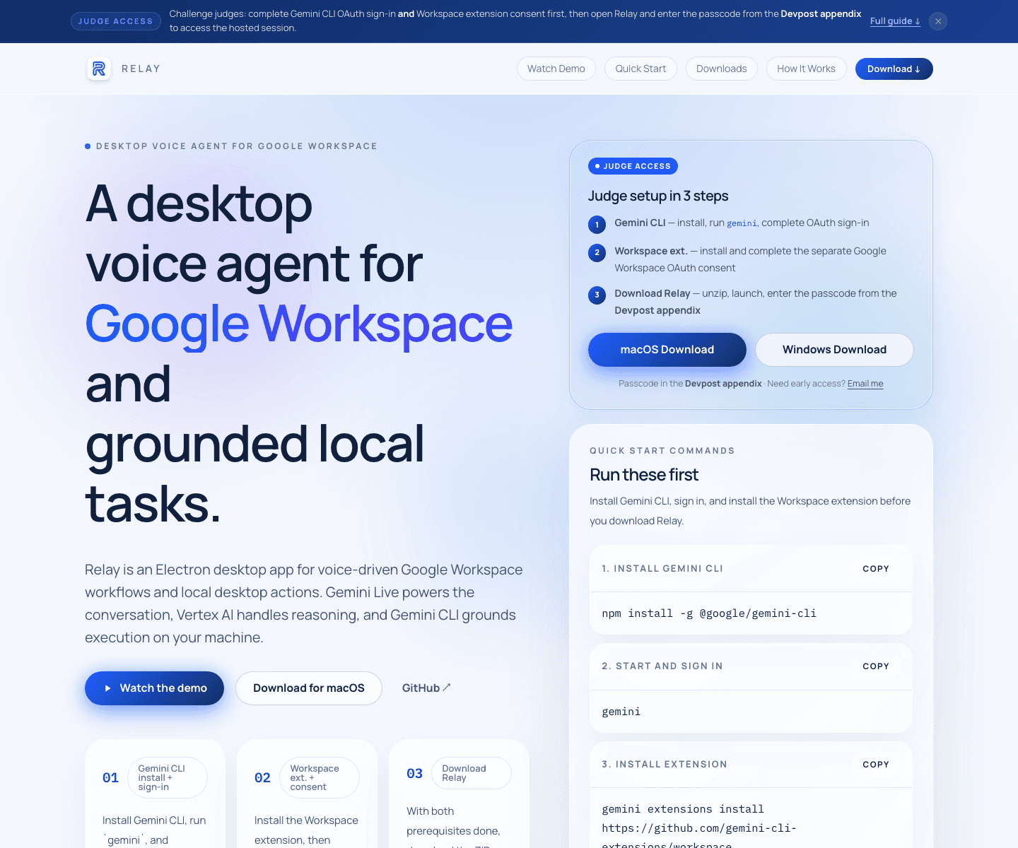 Relay landing page showing the desktop voice agent headline, judge setup steps, and quick-start commands