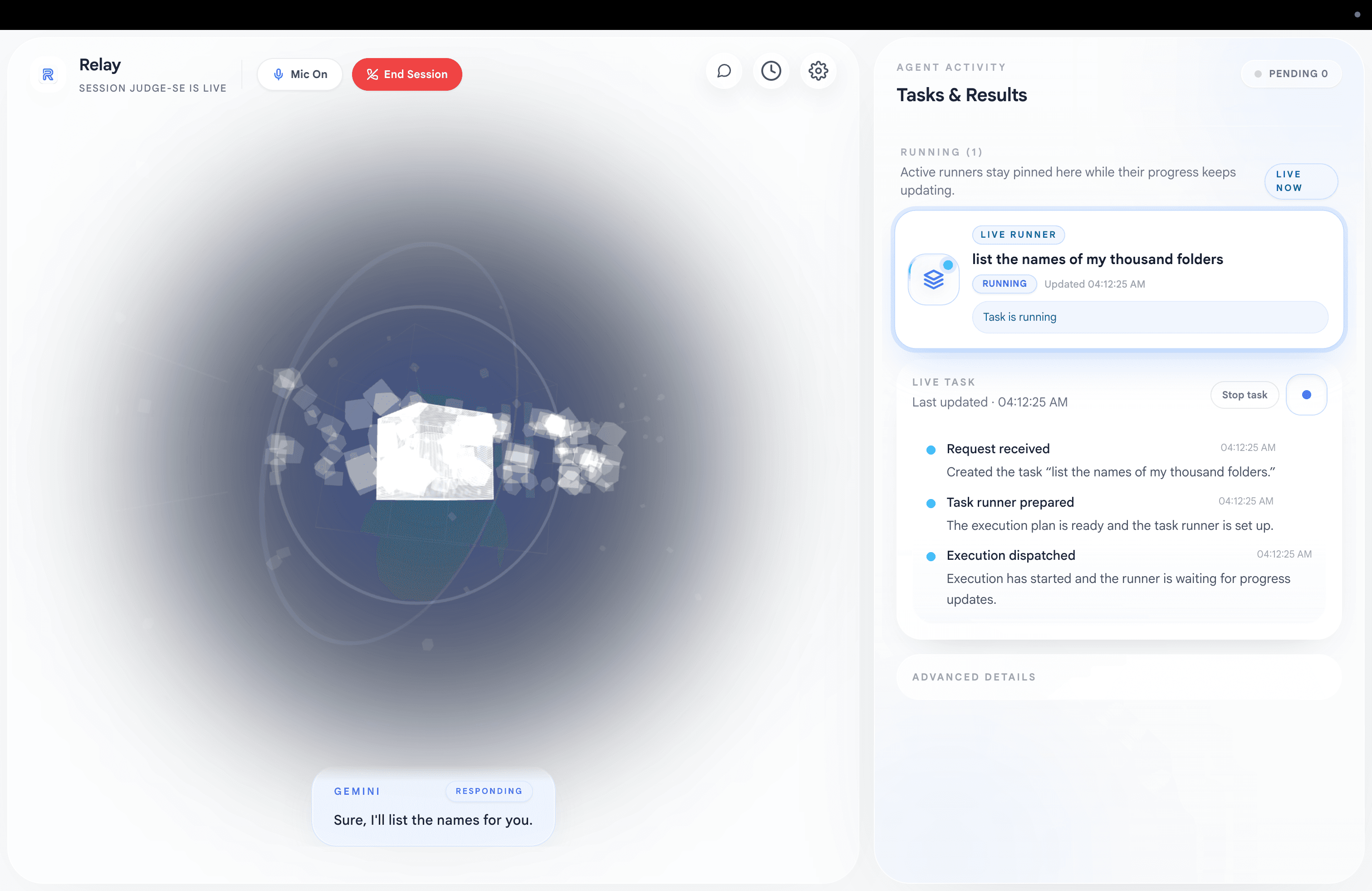 Relay desktop interface showing the live voice session and task results panel